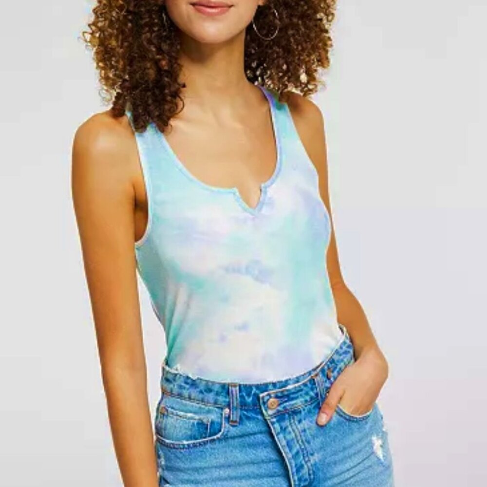 NEW! Hippie Rose Tie Dye.Tank Top Small Purple Greenish Blue‎ Scoop Split Neck